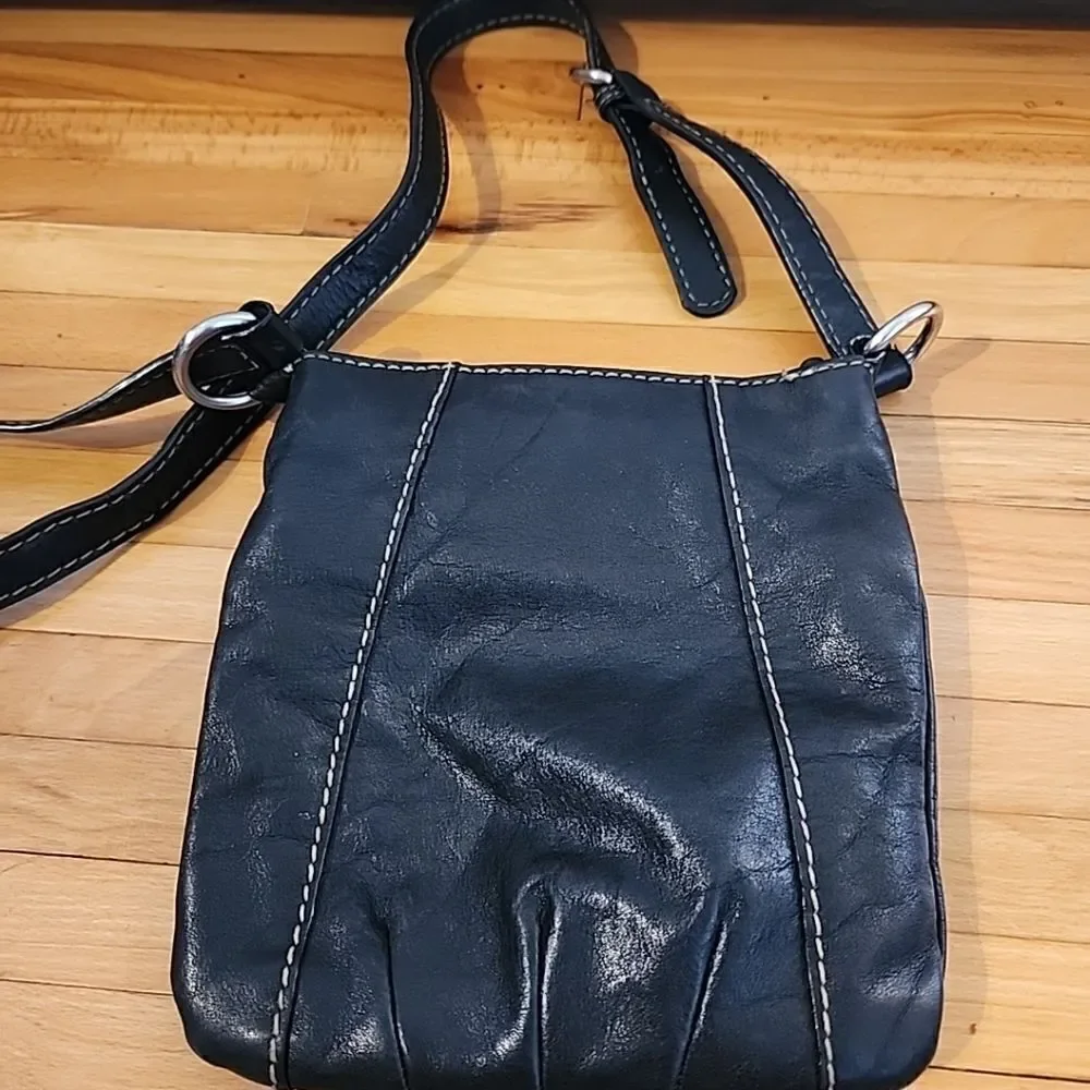 Tignanello black leather Crossbody purse W/accent stitching